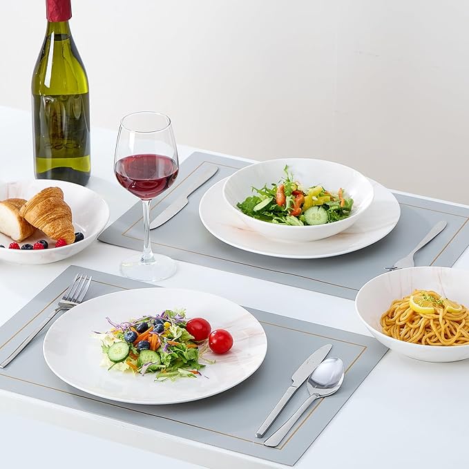 Bestone 12 Pieces Round Kitchen Dinnerware Sets,Plates and Bowls sets,Dishes, Plates, Bowls, Dish Set，Plates and Bowls,Service for 4, Orange and White Marble