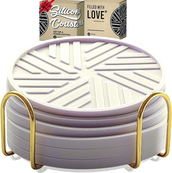 Silicone Drinks Coasters Set of 6 - with Smart, Modern Groove Patterns & Gold Holder Protecs Your cofee Table from Condensation Cups, muggs Home, Office, bar Decor - Lavander White