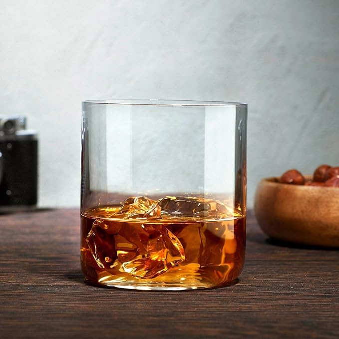 NUDE Whiskey Glasses Set of 4 DOF – 13.25 oz Premium Lead-Free Crystal Old Fashioned Rocks Glasses for Whisky, Scotch & Bourbon – Subtle Curved Base, Dishwasher Safe Barware