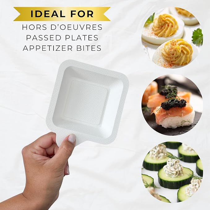300 Pack 4.4" Mini Biodegradable Square Disposable Plates | Corn Starch Eco-Friendly Small Serving Tray | Tiny Party Plates for Appetizers and Desserts | White Trays | CMJJ