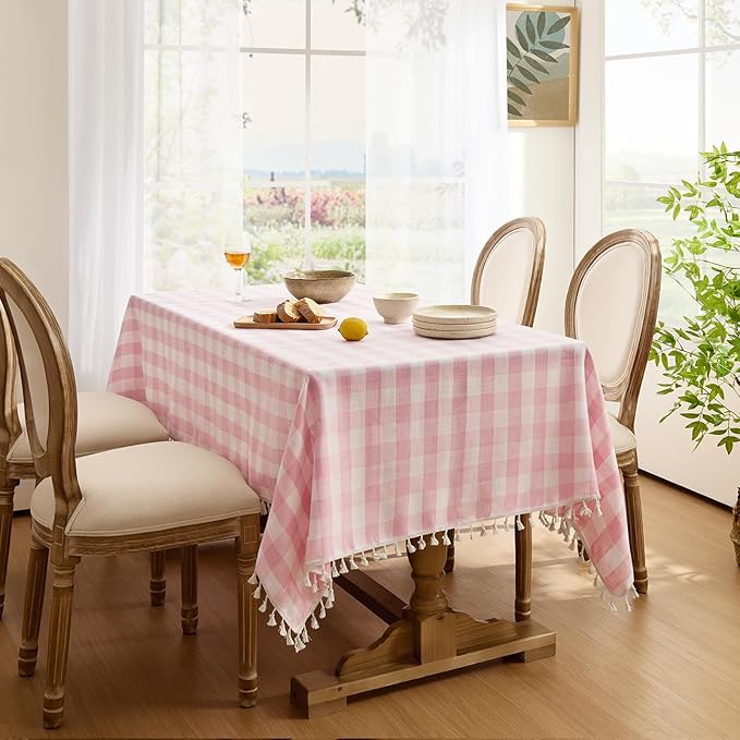Softalker Valentines Pink Gingham Tablecloth Rectangle, Outdoor Linen Cotton Checkered Table Cloth with Tassel, Heavy Duty Wrinkle Free Plaid Table Cover for Easter Dining Spring Party - 55 x 102 Inch