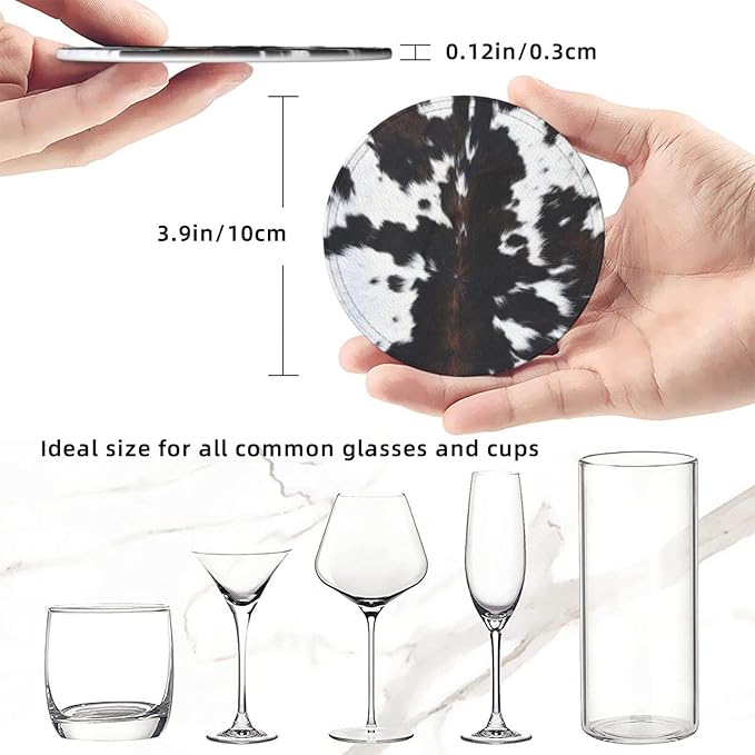Cow Print Coasters for Drinks with Holder Round Leather Coasters Set of 6 Cups Mugs Mat Pad for Home Kitchen Bar
