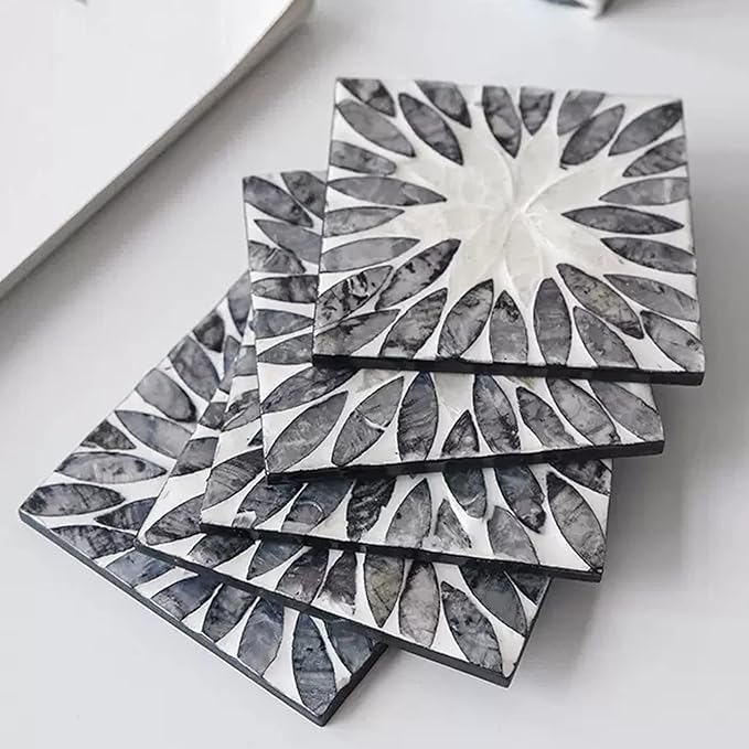I-lan 6 Pack Mother of Pearl Square Decorative Coaster Set with Holder, Dark Grey Seashell Inlay Square Cup Holder with Shine, Decorative Coasters Capiz Shell Trivet for Coffee Table, 4 Inch