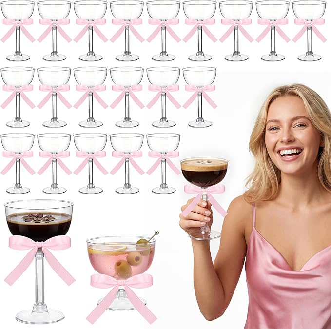 20 Set Disposable Plastic Martini Glasses with Pink Bow 6.5 oz Clear Coupe Glasses Acrylic Champagne Tower a Tini Bit Party Favor Cocktail Unbreakable Dessert Glass for Wedding Birthday