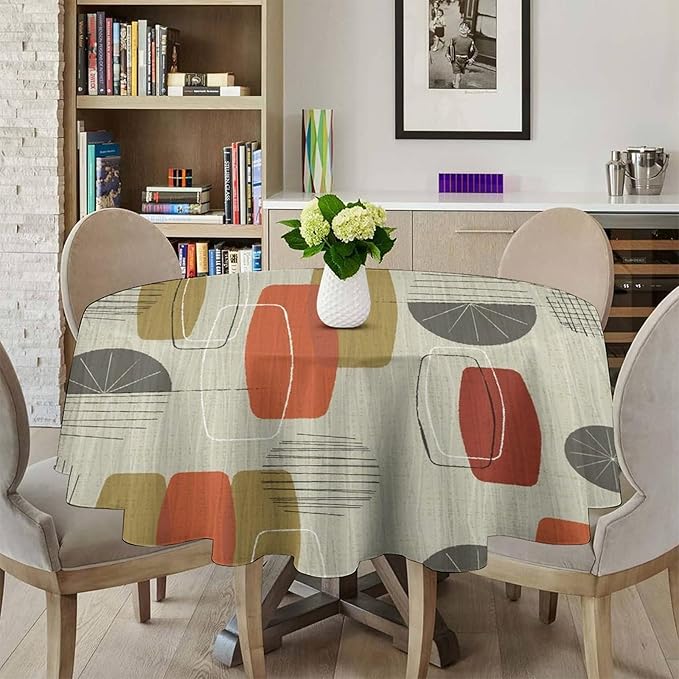 Retro Medieval Bohemian Round Tablecloth, Modern Mid Century Geometric Abstract Print Tablecloth for Home Party Dining Room Kitchen Decor 36Inch(90cm)