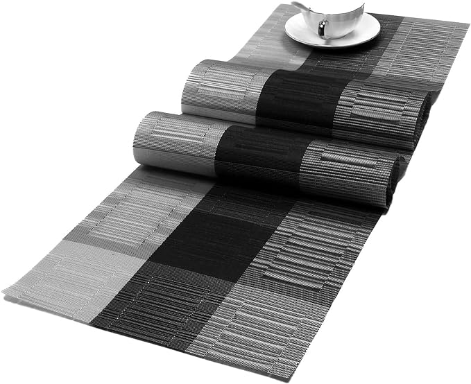 SHACOS Table Runners Woven Vinyl PVC Table Runners 12 x 90 inch Wipeable Heat Resistant Runner for Tables Countertop Indoor Outdoor, Bamboo Ombre Black and Gray