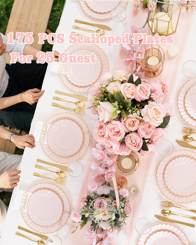 YOUBET 175PCS Pink Scalloped Plastic Plates - Gold Disposable Dinnerware Set Include 50 Plates, 75 Gold Silverware, 25 Cups, 25 Napkins for Party & Wedding & Baby Shower Valentines Day