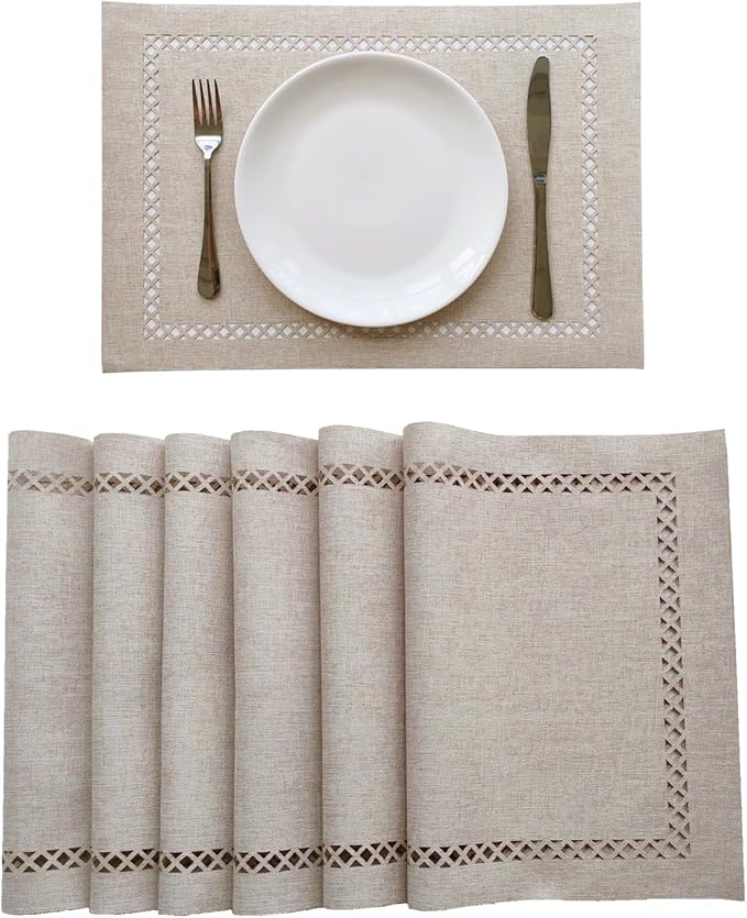 Placemats Set of 6 for Dining Table with Hollow Edge Design- Table Mats 12x 18 Inch, Cloth Place mats Machine Washable (Beige 6pcs)