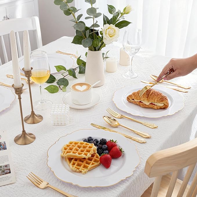 WDF 300 Pieces Gold Plastic Silverware Disposable - Heavy Duty Plastic Cutlery - Gold Silverware Sets Includes 100 Forks, 100 Spoons, 100 Knives for Valentine's Day