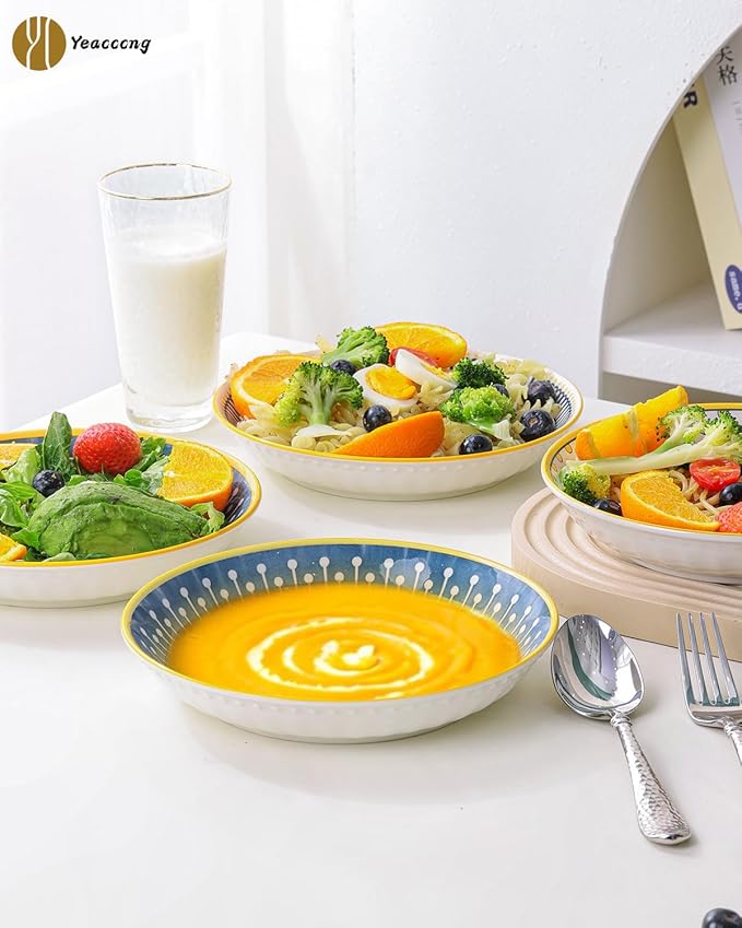 Yeacccng Pasta Bowls Set of 4, 24 Oz Ceramic Salad Bowls, 8 Inch Shallow Serving Bowls for Pasta, Salad, Oatmeal, Fruit, Easy to Clean, Dishwasher & Microwave Safe, Scratch-Resistant, Lead-Free