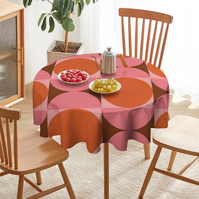 Mid Century Round Tablecloth, Abstract Retro 50s 60s Style Geometric Print Tablecloth for Home Party Dining Room Kitchen Decorm 70Inch(178cm)