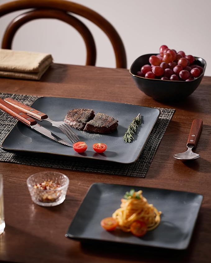 Famiware Dinnerware Sets for 6, Ocean Square 18-Piece Kitchen Plates and Bowls Sets, Microwave and Dishwasher Safe, Scratch Resistant, Matte Black