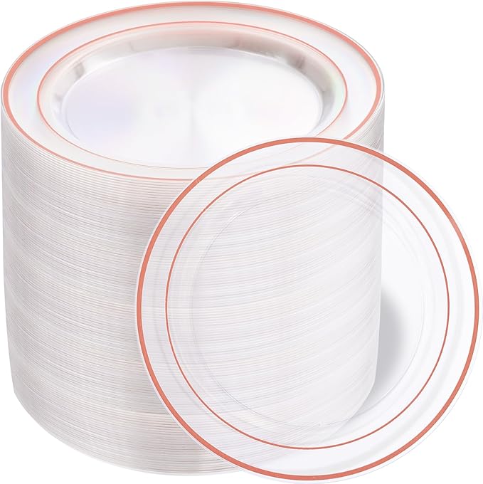 bUCLA 100PCS Clear Rose Gold Plastic Plates Disposable - Heavy Duty 6.25 Inch Clear Plastic Dessert Plates with Rose Gold Trim - Ideal for Party, Wedding & Valentines Day