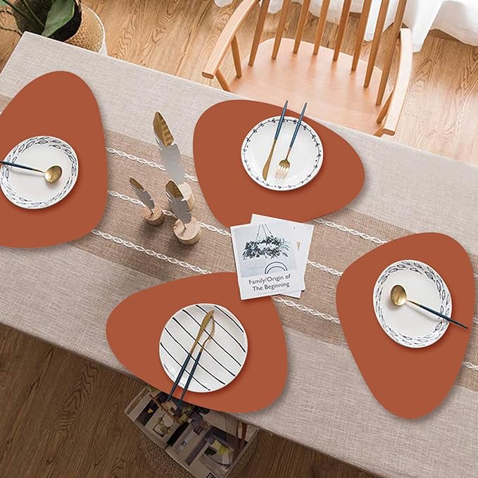 Faux Leather Fall Placemats Set of 6 Wipeable Washable Place Mats for Round Table Table Mats for Kitchen Dining Patio, Heat Resistant Easy to Clean Oval Brown Placemat