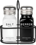 Farmhouse Salt and Pepper Shakers Set with Holder by Brighter Barns - Modern Kitchen Decor and Accessories, Dining Table Decor - Cute Glass Salt Shaker with Caddy for Restaurants, Gifts (Black/White)