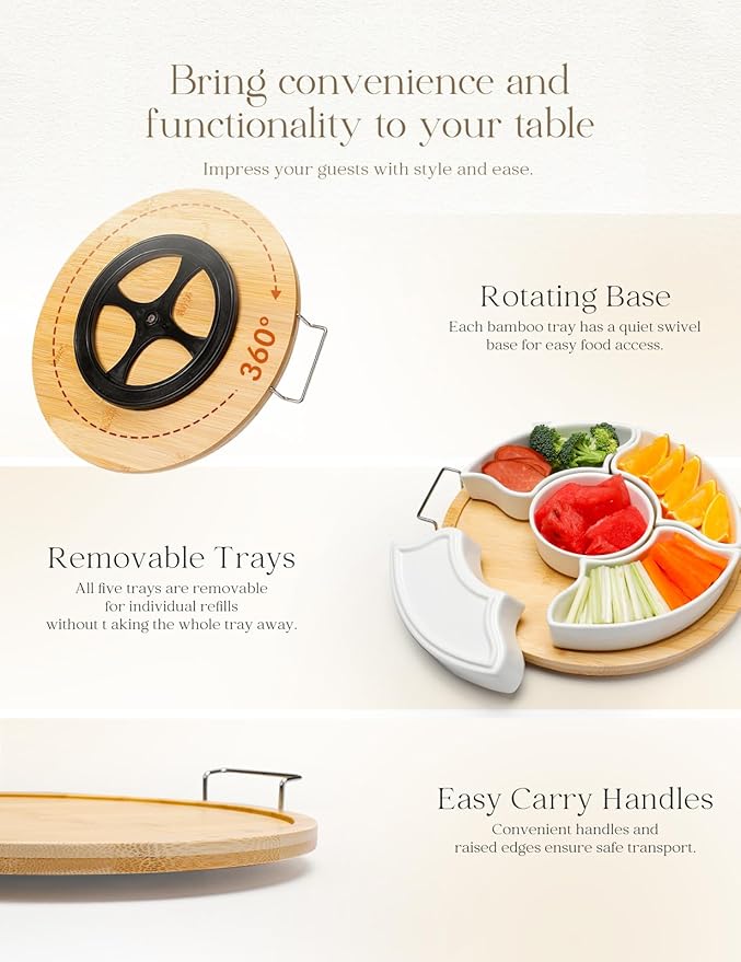 Ceramic Divided Serving Dishes with Bamboo Tray,360° Rotatable Serving Bowls with Handles for Party,5 Removable Relish Tray,11.2 Inch Appetizer Serving Dish for Chips & Dip, Veggies, Candy & Snacks