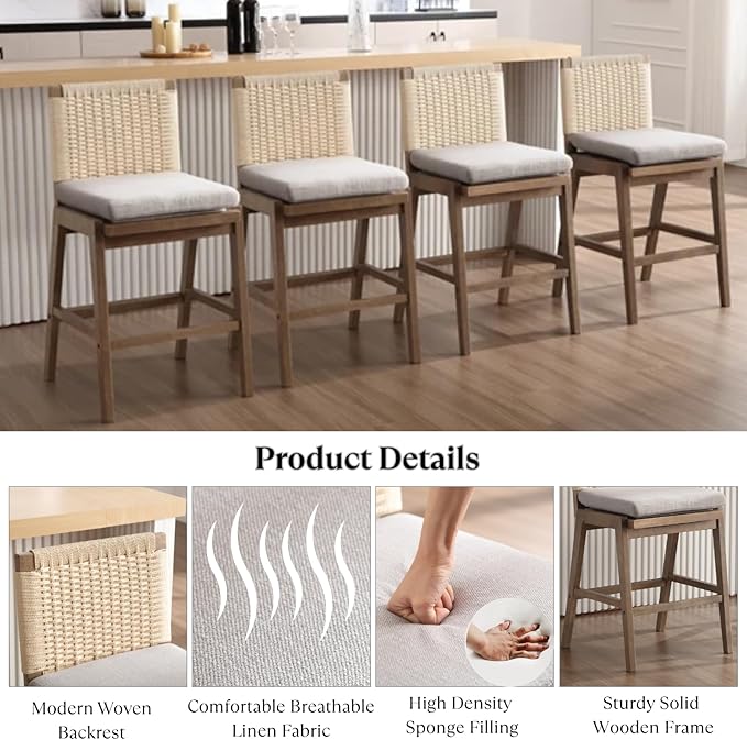Mid Century Modern Counter Height Barstools Set of 4, 27” Linen Upholstered Counter Stools with Rope Woven Back Wooden Farmhouse Bar Stools for Kitchen Island Dining Room,Grey