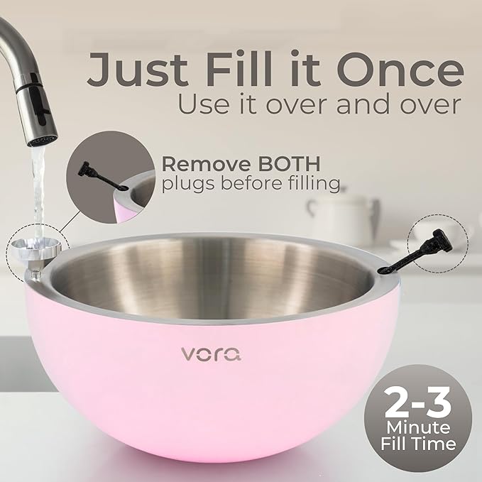 Vora 35oz Stainless Steel Chilled Serving Bowl - 1 Pack Insulated Serving Bowl with Anti Slip Base, Funnel & Plugs to Keep Dips, Salads & Appetizers Cold - Ice Bowls to Keep Food Cold for Parties
