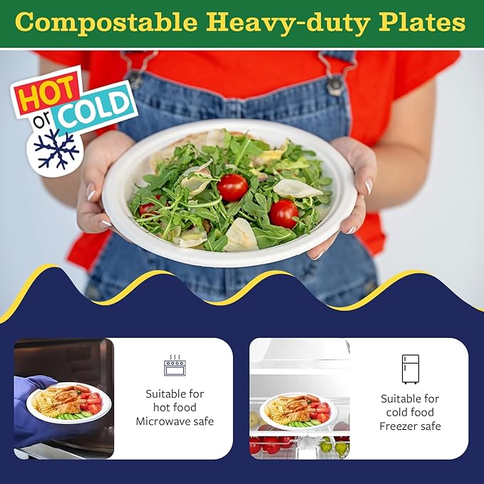 9” Compostable Plates, 125-Pack | Biodegradable Sugarcane | Sturdy, Microwave-Safe Disposable Plates for Parties & Events