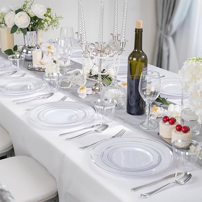 WELLIFE 600 PCS Silver Disposable Dinnerware Set for 100 Guests, Wedding Reception Plates & Silver Plastic Tableware, Dinner & Salad Plates, Cups, Forks, Knives & Spoons for Weddings & Elegant Events
