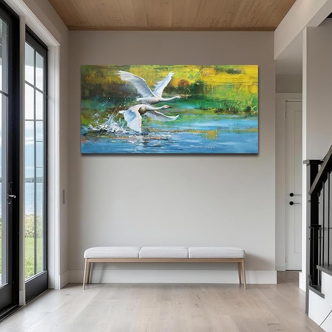 Anolyfi Swan Canvas Wall Art for Living Room, Vivid Goose Decorative Painting Large Animals Artwork Farmhouse Decor Picture Framed for Hallway Bedroom Kitchen Office Home Decor 40"x20"