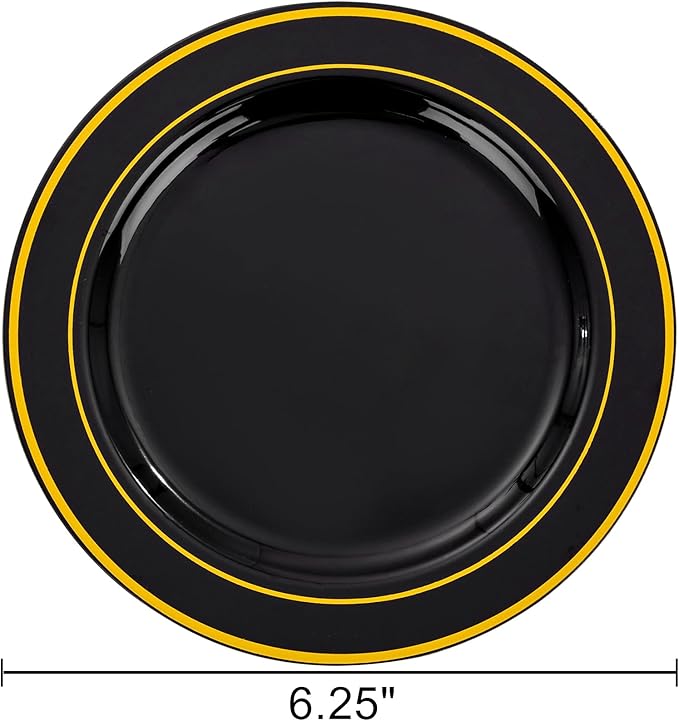 bUCLA 100PCS Black and Gold Plastic Plates - 6.25 inch Black Gold Premium Hard Disposable Dessert/Salad/Appetizer/Small Cake Plates for Party, Graduation & New year