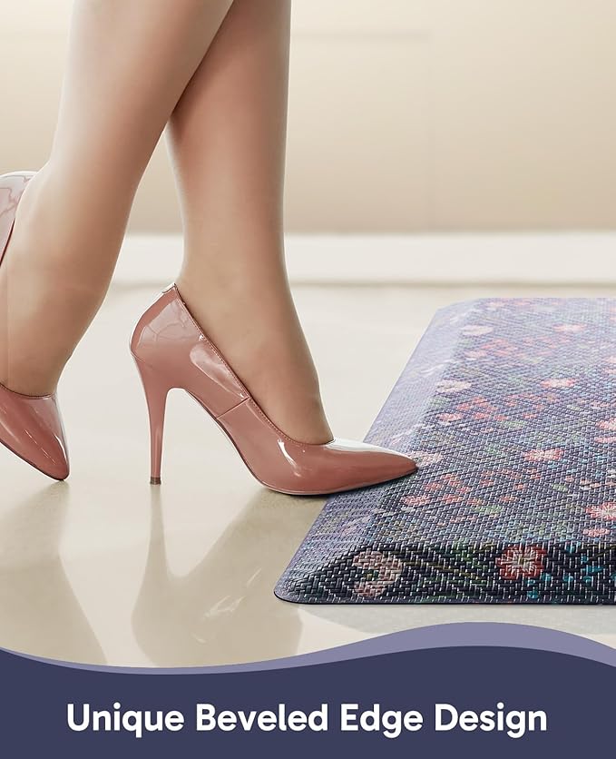 Ophanie Kitchen Mats for Floor, 3/4 inch Thick, 20x48 Anti Fatigue Cushioned Mat, Kitchen Rugs, Waterproof, Comfort Ergonomic Standing Mat for Office, Home, Sink, Blue Flower Non-Slip Ridged Bottom