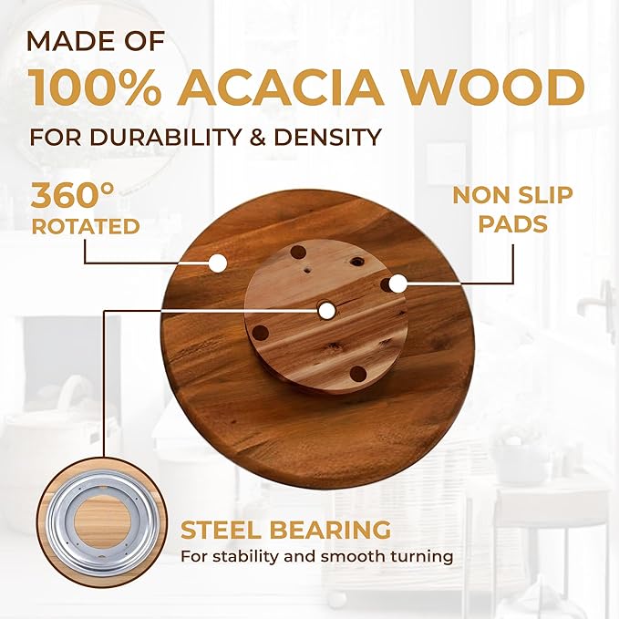 21" Acacia Wood Turntable Organizer | Lazy Susan for Table Top, Cabinet or Pantry | Wooden Rotating Tray for Kitchen Countertop, Durable, Easy to Clean, No Assembly Needed