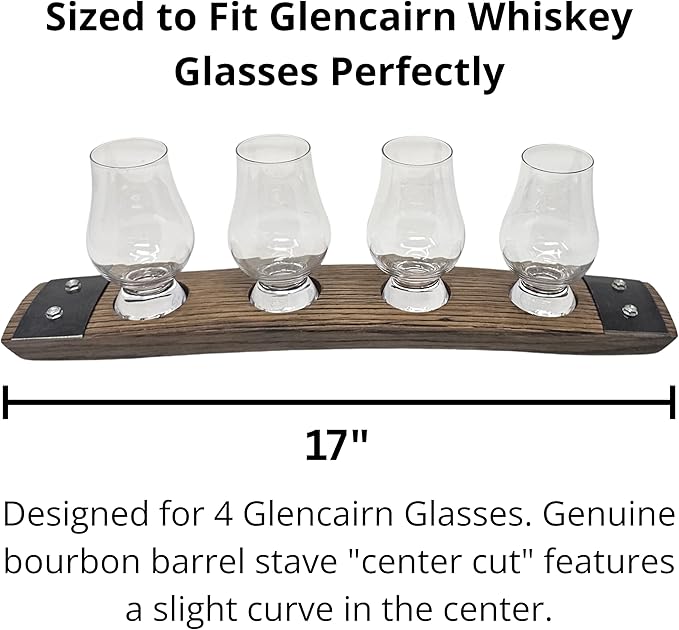 Barrel Stave Premium 4 Glass Whiskey Flight Serving Tray with Glencairn Glasses, Dark Walnut