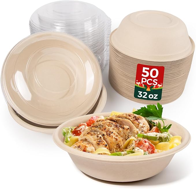 50-Pack 32oz Round Disposable Bowls with Lids - 100% Sugarcane Fiber, Paper Round Bowls for Soup, Salad, Ramen, Popcorn