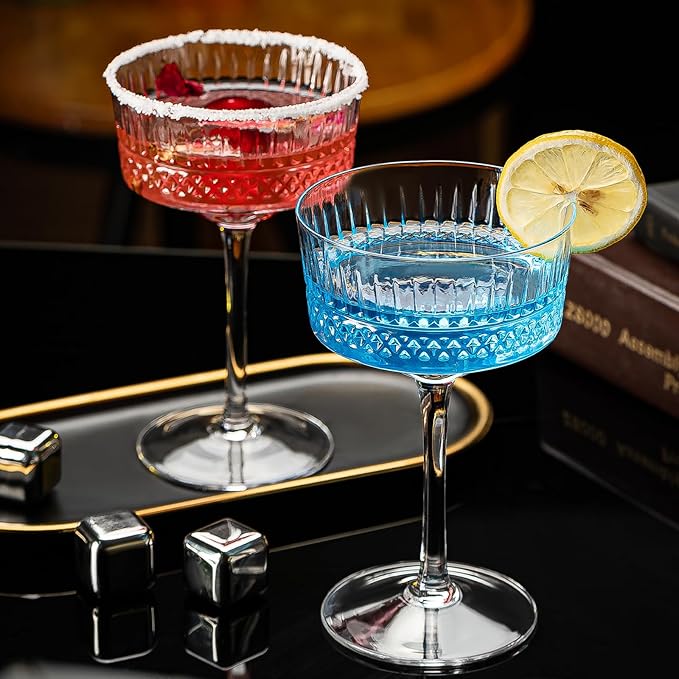 Vintage Art Deco Coupe Glasses Set of 6, 10 oz Martini Glasses, Coupe Cocktail Glasses,Elegant Hand Blown Manhattan Goblet for Bar, Champagne, Martini, Cosmopolitan, Gimlet, Pisco Sour