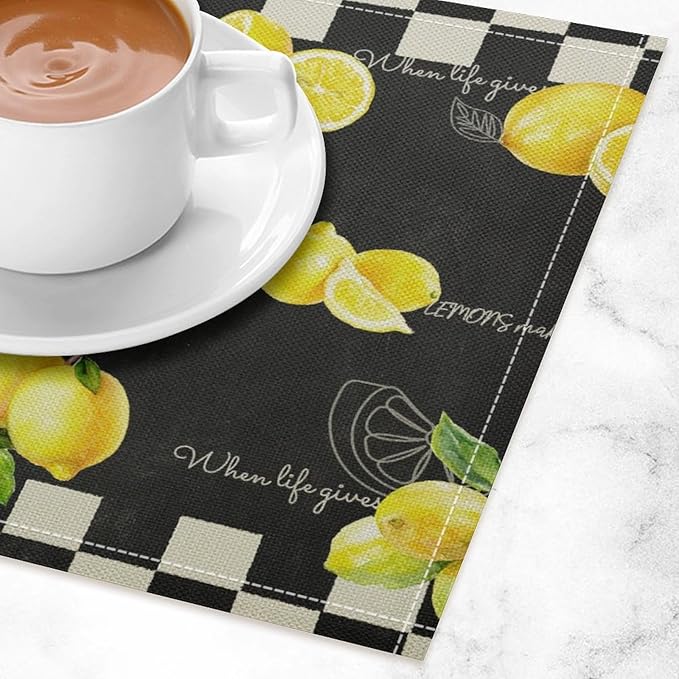 Vintage Lemon Placemat Set, Rustic Farmhouse Yellow Orange Fruit Leaves Black White Plaid Quotes Seamless Pattern Home Decor Linen Table Mats for Dining Room Kitchen Party (17x12in) x2P