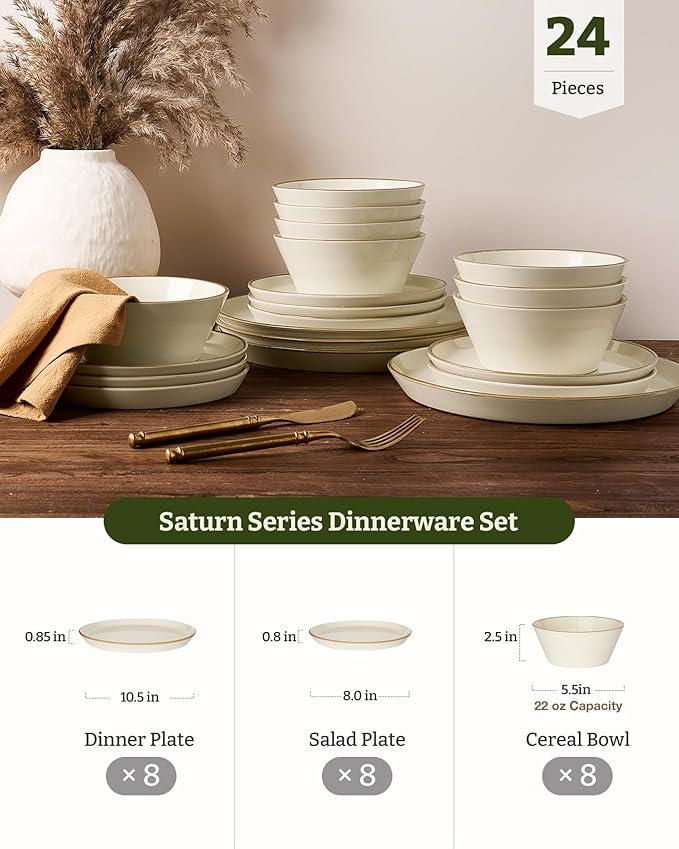 Famiware Saturn Plates and Bowls Dish Sets for 6 (18 Pieces), Stoneware Dinnerware Set with Hand-Painted Trim - Chip & Scratch Resistant, Microwave & Dishwasher Safe Ceramic Dishes, Vanilla White