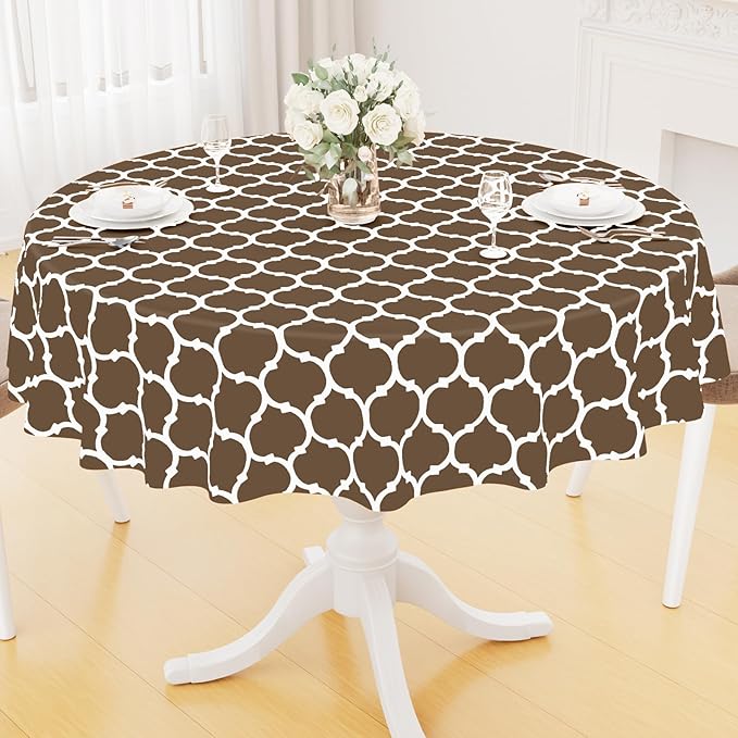 Smiry Round Plastic Table Cloth, Waterproof Vinyl Tablecloth with Flannel Backing for Round Tables, Wipeable & Spillproof for Dining, Camping, Indoor and Outdoor (60" Round, Brown)