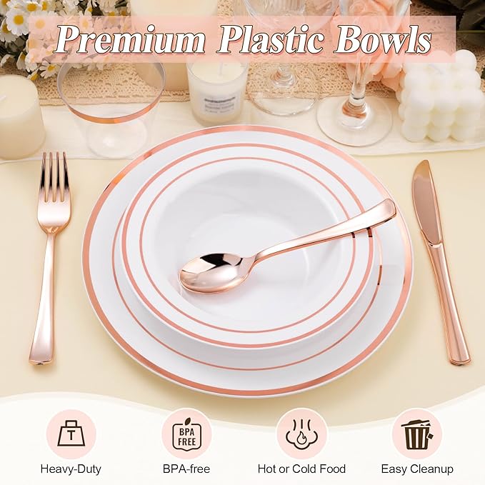 BESTSTAR 50 Pack Disposable Soup Bowls with Rose Gold Rim, 12oz Premium Heavy Duty Plastic Dinner Bowls for Party, Valentine's Day, Wedding and Holiday
