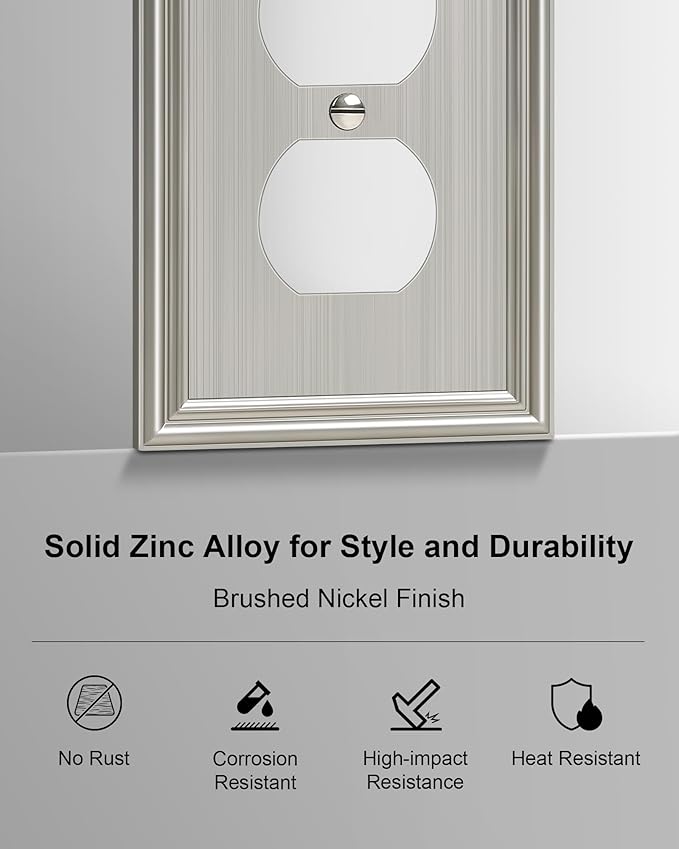 2-Pack Single Duplex Outlet Cover Plate, Decorative Brushed Nickel Switch Plates and Outlet Covers, Metal Wall Plates for Electrical Outlets, 1 Gang Receptacle Cover, Corrosion Resistant