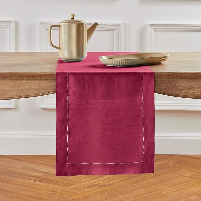 Solino Home Linen Beet Table Runner 132 Inches Long - 100% Pure Linen Extra Long Table Runner 14 x 132 Inch for Valentines, Easter - Classic Hemstitch