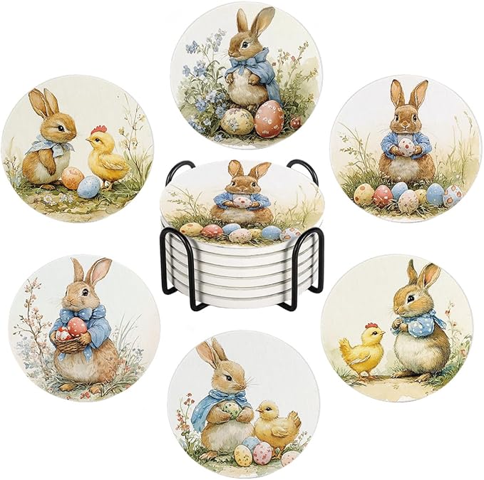 Drink Coasters for Drinks Set of 6, Vintage Easter Cute Rabbit and Eggs Absorbent Round Ceramic Stone Mat Coaster, with Cork Base and Metal Holder, Home Bar Decor House Warming Gift
