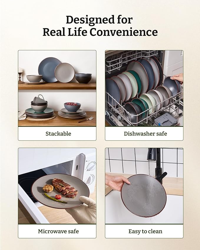 Famiware Venus Speckled Dinnerware Set with Pasta Bowls, Service for 4 (16 Pieces), Stoneware Plates and Double Bowls Sets, Microwave & Dishwasher-Safe Dishes with Trim, Matte Dark Grey