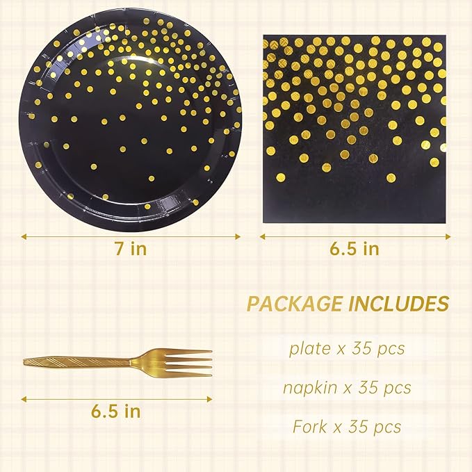 Serves 35 Guests Black and Gold Plates and Napkins Party Supplies,7" Black Paper Plates and Napkins,Disposable Party Dinnerware for Birthday Wedding,Graduation