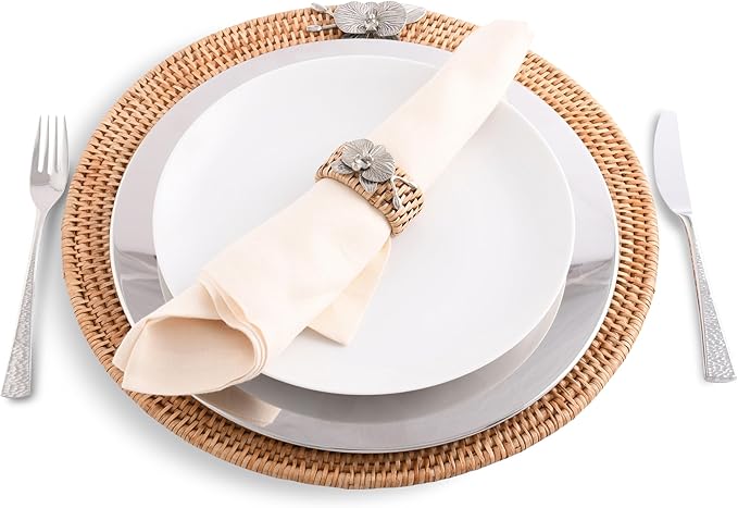 Vagabond House Round Wicker Placemats with Pewter Orchid Accent, Set of 4, 15.5 Inches Diameter - Hand-Woven Rattan, Elegant and Durable, Perfect for Enhancing Table Decor and Protection