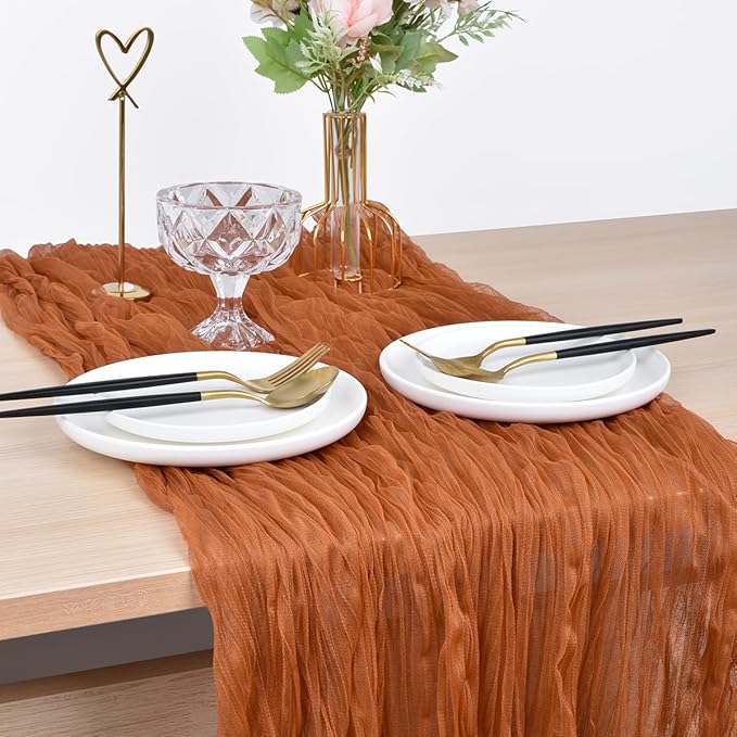 Joanlody Terracotta Cheesecloth Table Runner Spring Easter 10Ft Rustic Gauze Boho Cheese Cloth Table Runner for Wedding Bridal Baby Shower Decoration 10 Pack