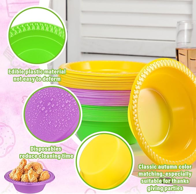 Layhit 100 Pcs Mardi Gras Plastic Bowls 12 oz Disposable Plastic Dessert Serving Party Supplies Salad Candy Snack Bowls for Holiday Wedding Party Picnic