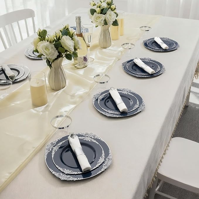 350PCS Navy Blue Plates for 50 Guests, Disposable Dinnerware Sets Include 100 Plastic Plates, 50 Silverwares, 50 Cups, and 50 Pre Rolled Napkins for Party, Wedding and Graduation