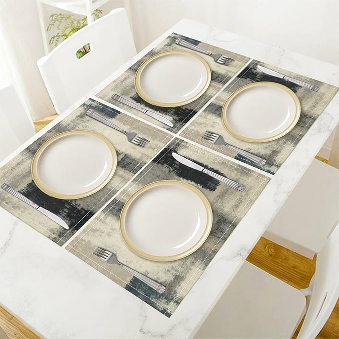 Gradient Placemat Set, Modern Minimal Fashion Abstract Beige Grey Blue Art Oil Painting Brush Strokes Patchwork Pattern Home Decor Linen Table Mats for Dining Room Kitchen Party (17x12in) x4P
