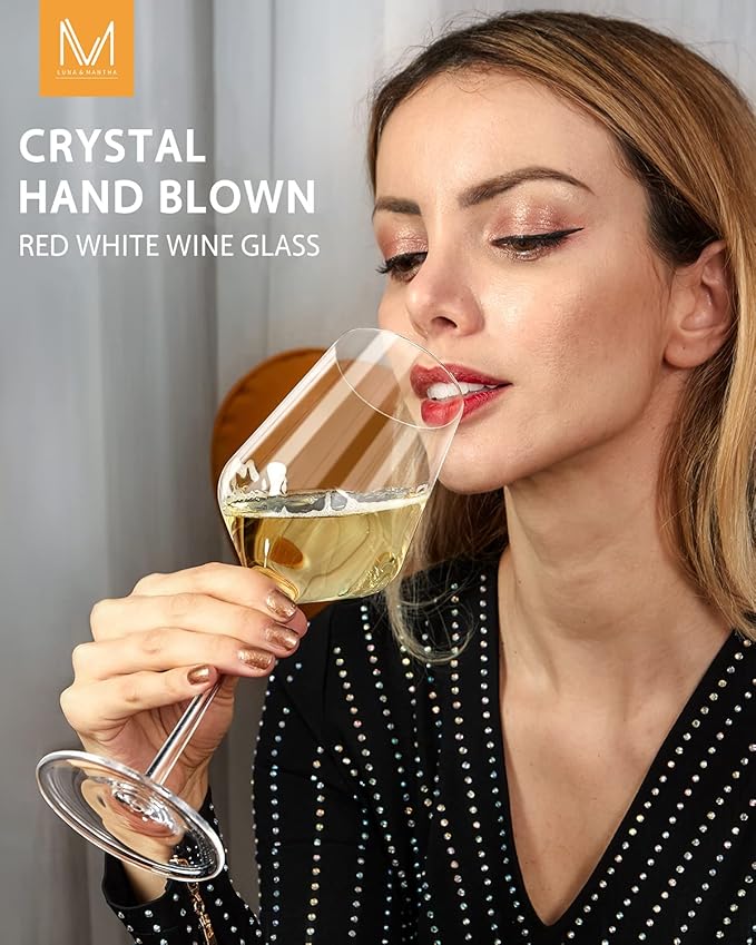 OJA Red Wine Glasses Set of 4, Hand Blown Premium Crystal Wine Glasses, 17 oz, Long Stem,Thin Rim, Perfect for Red or White, Daily Use, Unique Wedding Anniversary or Birthday Gift
