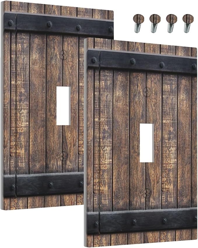 Decorative Light Switch Cover Rustic Barn Door Vintage Country Wood Board 1 Gang Wall Plate Cover Single Toggle Outlet Covers Switchplate Electrical Faceplate for Farmhouse Cabin Decor（2 Pack）