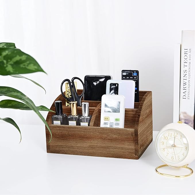 BONNY DODO Remote Control Holders Organizer Box for Table Small Solid Wooden Desk Farmhouse Home Decor Caddy Basket Store Tv Remote for Media Player,Pencil,Glassees&Office Supplies (Brown-M, M)