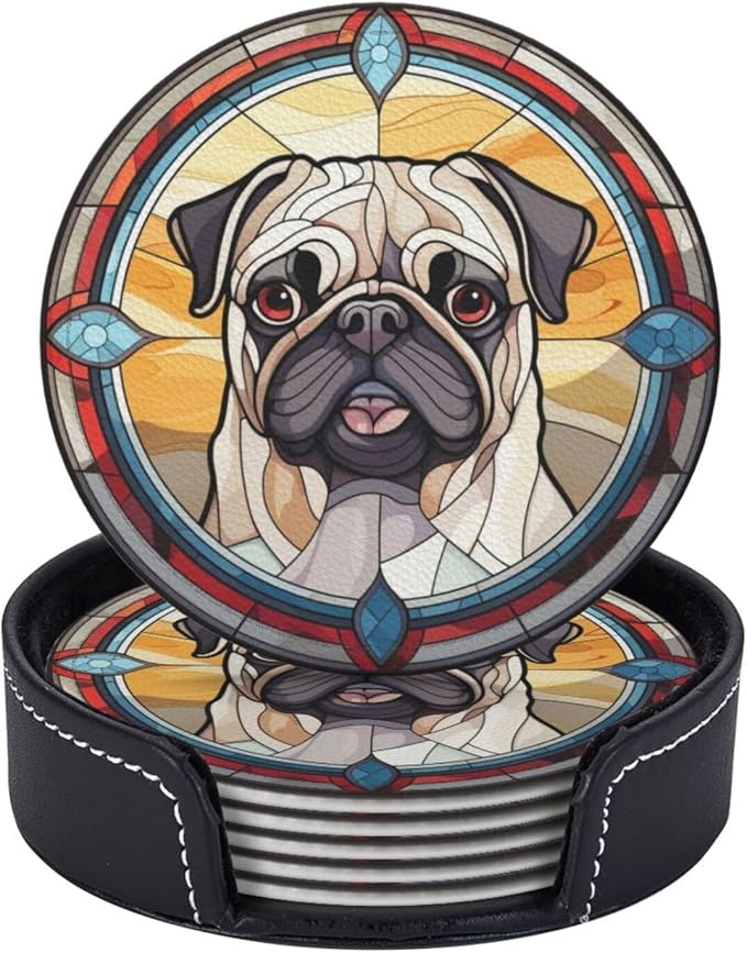 Drink Coaster Set of 6, Pug Dog Mom Lover Gift,Leather Drink Coasters with Holder,6 Pack Cup/Bar/Drink Coasters for Table/Drinks/Coffee Protection Housewarming Gift