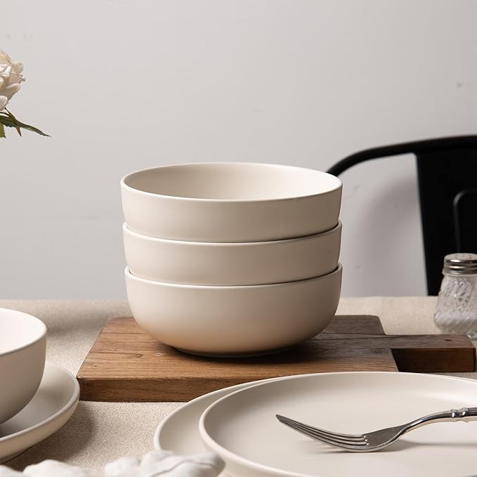 12-Piece Stoneware Dinnerware Set with Mugs | Microwave and Dishwasher Friendly | Stackable Matte Glaze Plates & Bowls | Service for 3 (White for 4)